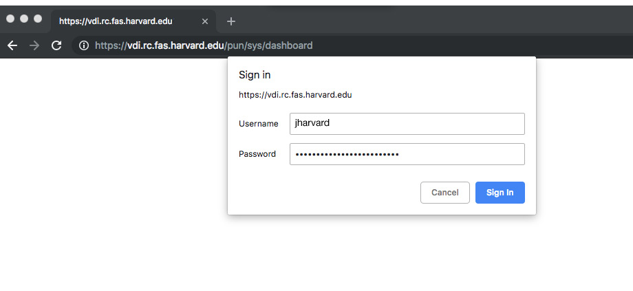 authentication box to VDI ondemand showing username and password
